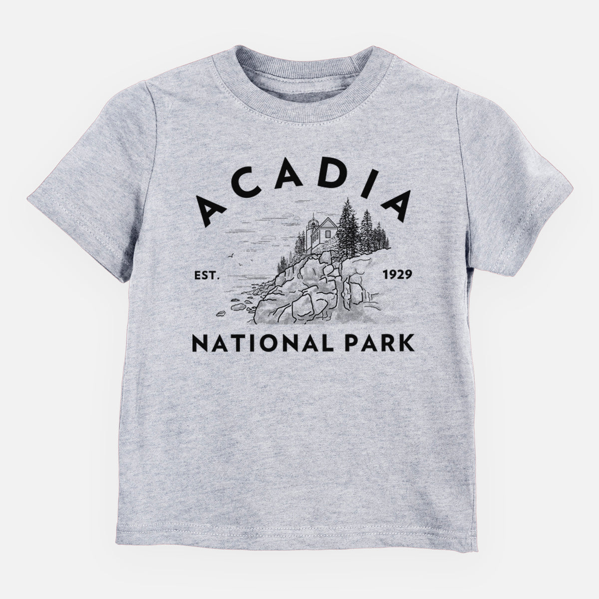 Heather grey toddler t-shirt laid flat, printed with a round badge of a rocky coastline and pine trees, with the words Acadia National Park, Est. 1929.