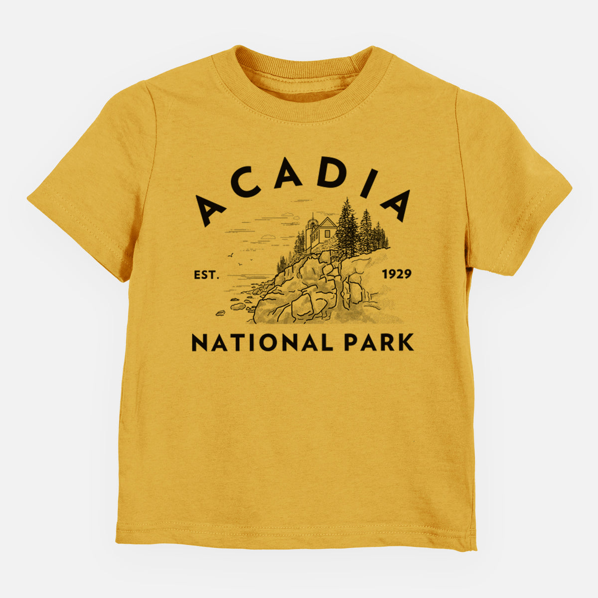 Honeycomb yellow toddler t-shirt laid flat, printed with a round badge of a rocky coastline and pine trees, with the words Acadia National Park, Est. 1929.