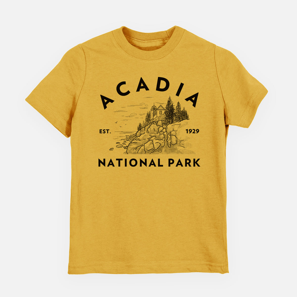Honeycomb yellow youth t-shirt laid flat, printed with a round badge of a rocky coastline and pine trees, with the words Acadia National Park, Est. 1929.