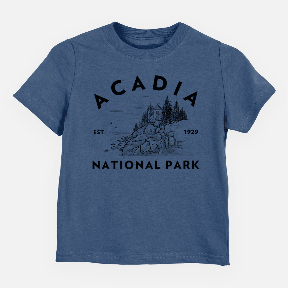 Indigo blue toddler t-shirt laid flat, printed with a round badge of a rocky coastline and pine trees, with the words Acadia National Park, Est. 1929.