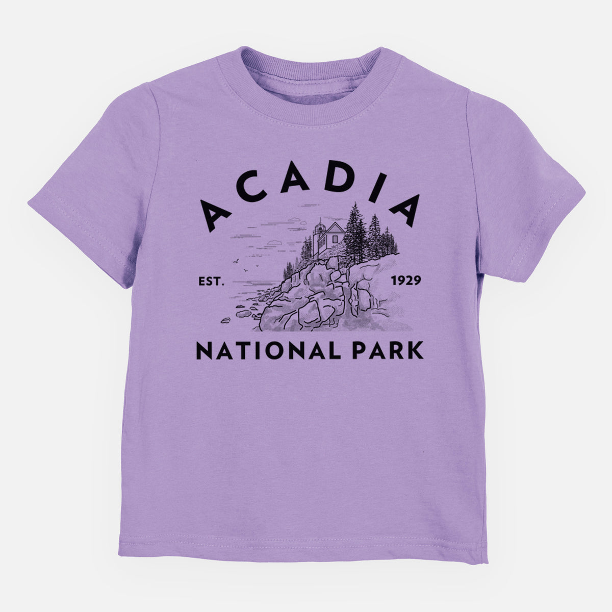 Lavender toddler t-shirt laid flat, printed with a round badge of a rocky coastline and pine trees, with the words Acadia National Park, Est. 1929.