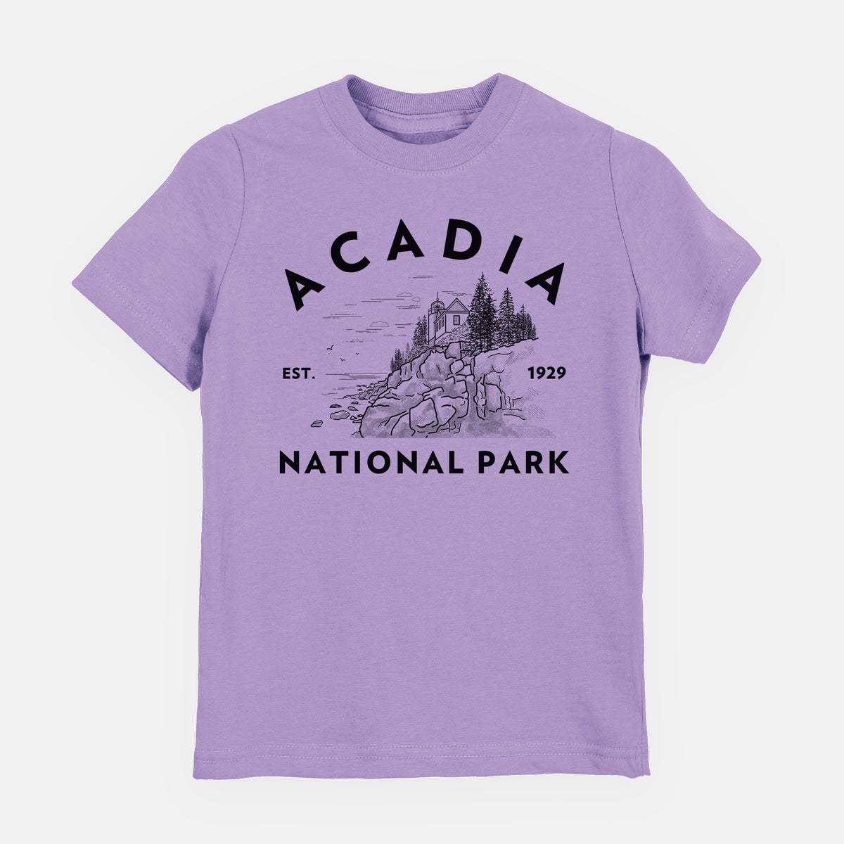 Lavender youth t-shirt laid flat, printed with a round badge of a rocky coastline and pine trees, with the words Acadia National Park, Est. 1929.