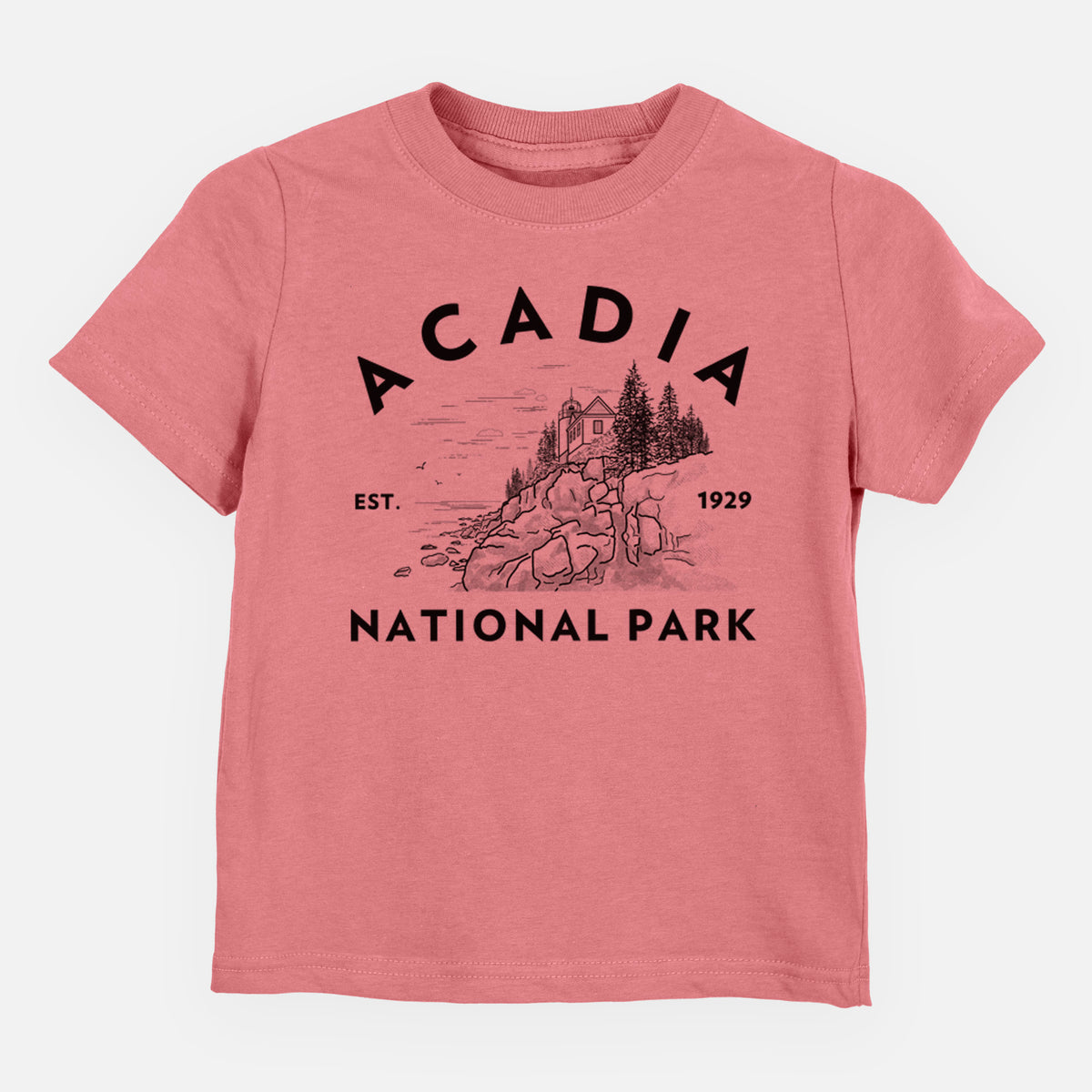 Mauve pink toddler t-shirt laid flat, printed with a round badge of a rocky coastline and pine trees, with the words Acadia National Park, Est. 1929.