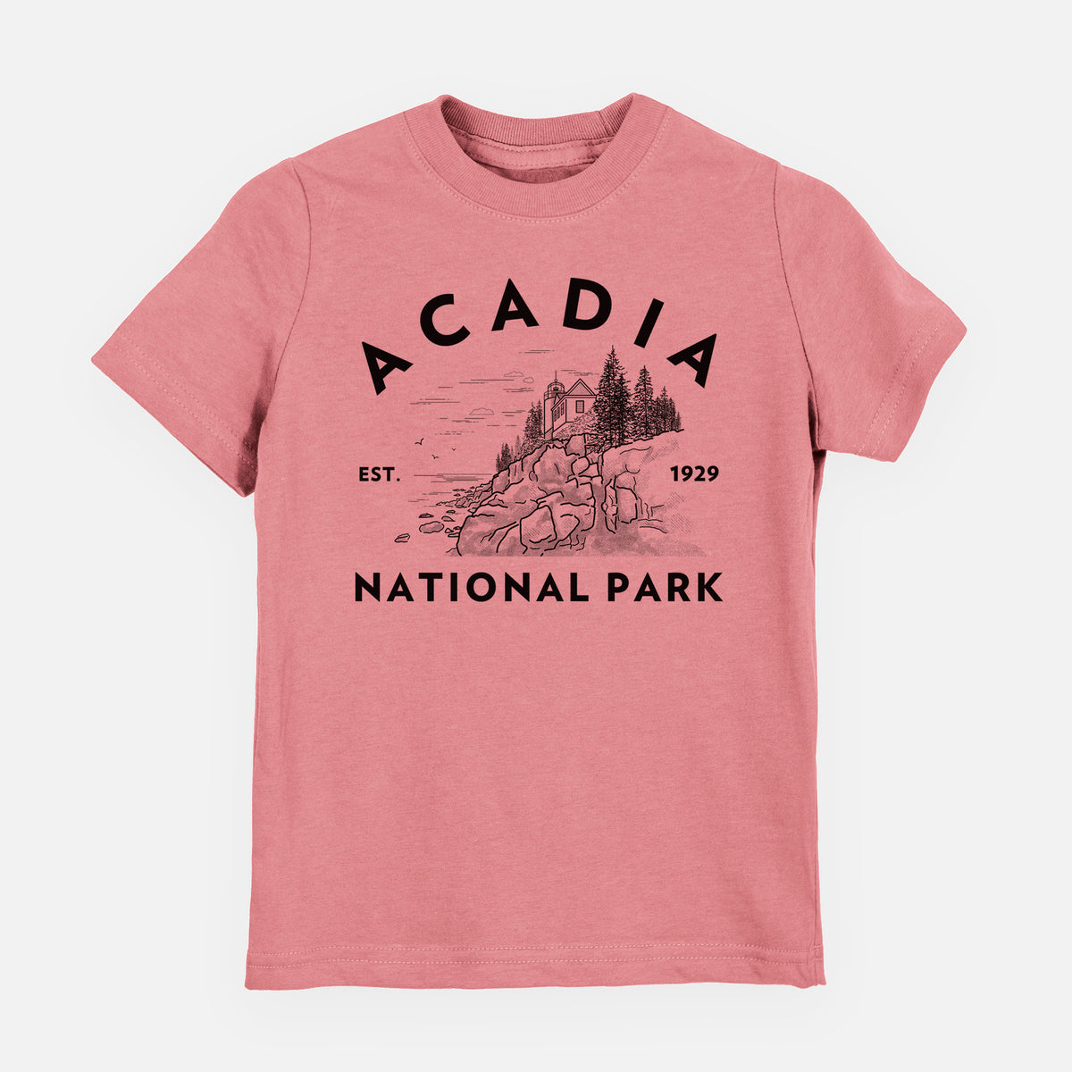 Mauve pink youth t-shirt laid flat, printed with a round badge of a rocky coastline and pine trees, with the words Acadia National Park, Est. 1929.