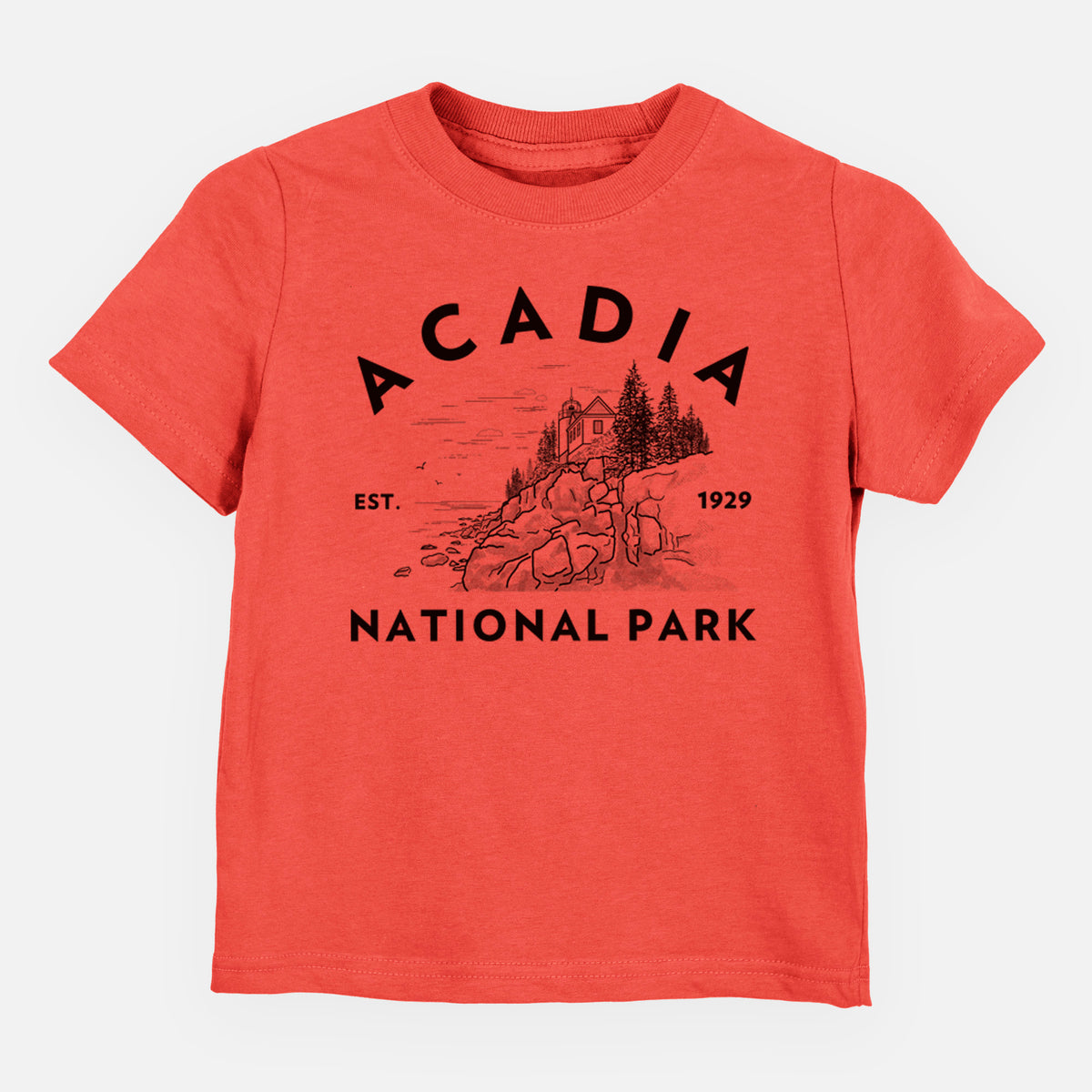 Passionfruit pink toddler t-shirt laid flat, printed with a round badge of a rocky coastline and pine trees, with the words Acadia National Park, Est. 1929.