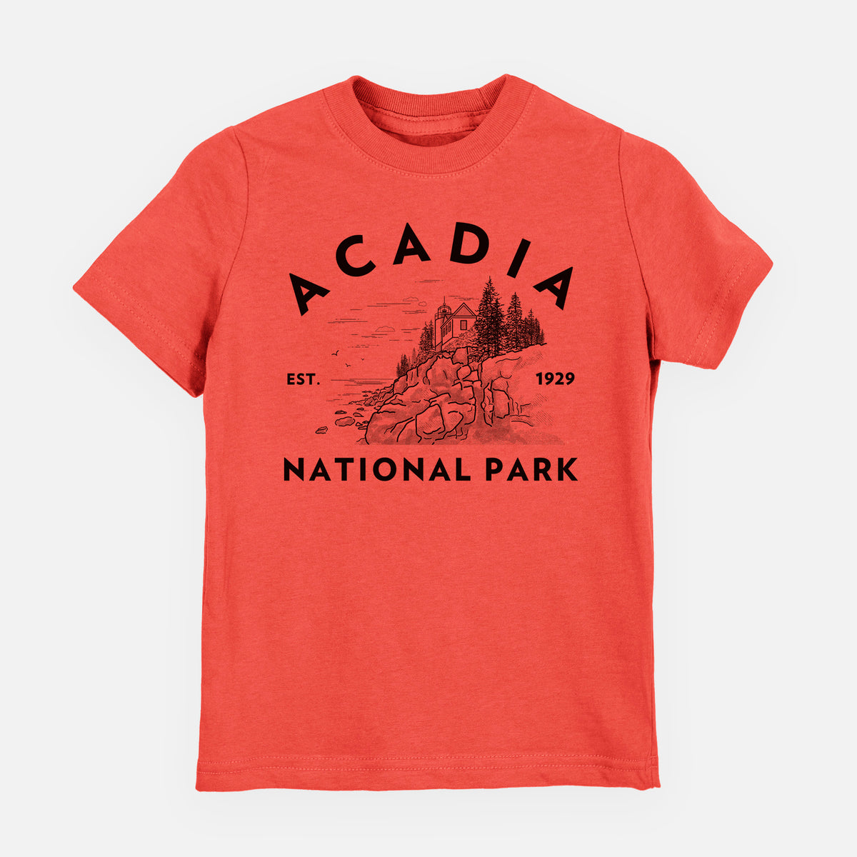 Passionfruit pink youth t-shirt laid flat, printed with a round badge of a rocky coastline and pine trees, with the words Acadia National Park, Est. 1929.