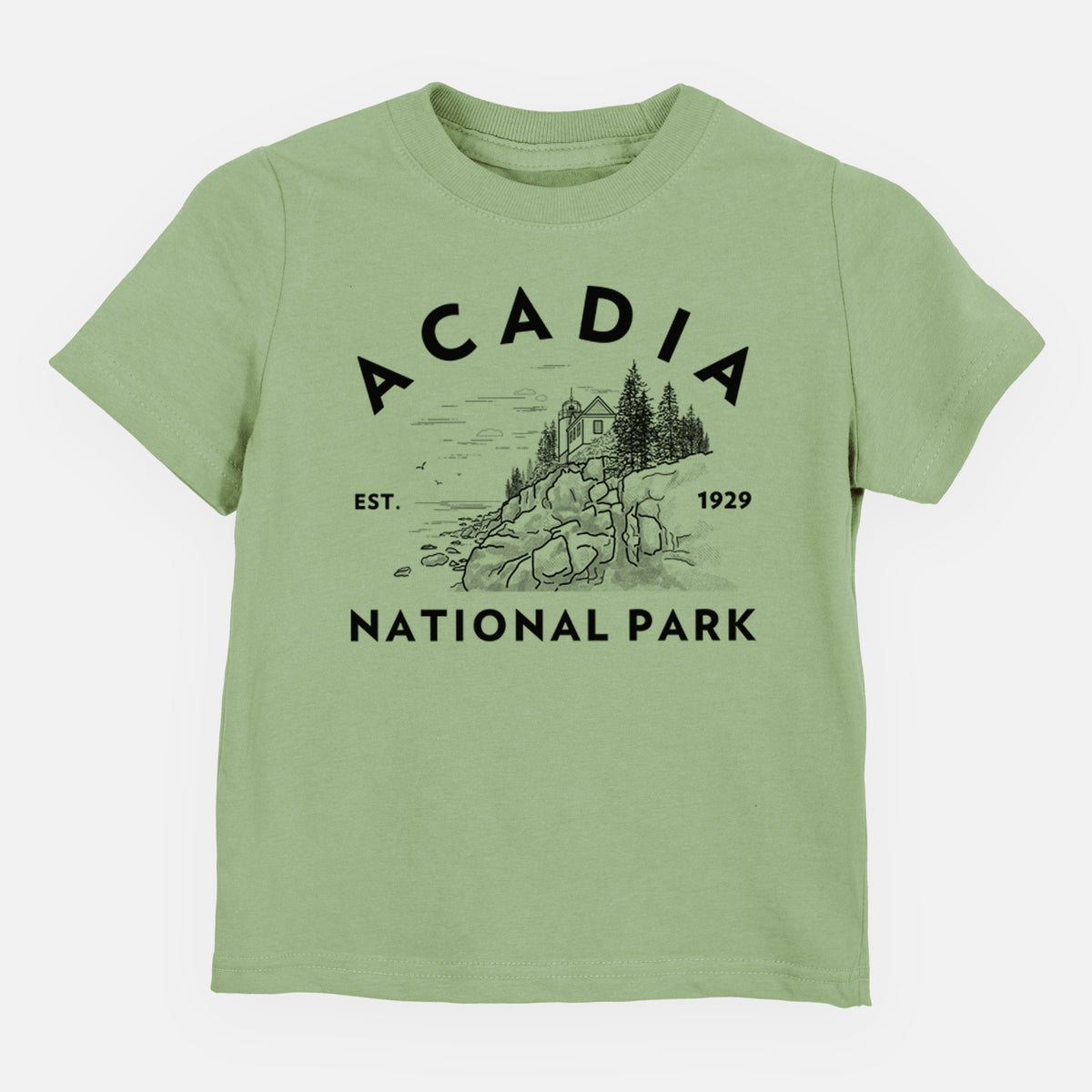 Sage green toddler t-shirt laid flat, printed with a round badge of a rocky coastline and pine trees, with the words Acadia National Park, Est. 1929.