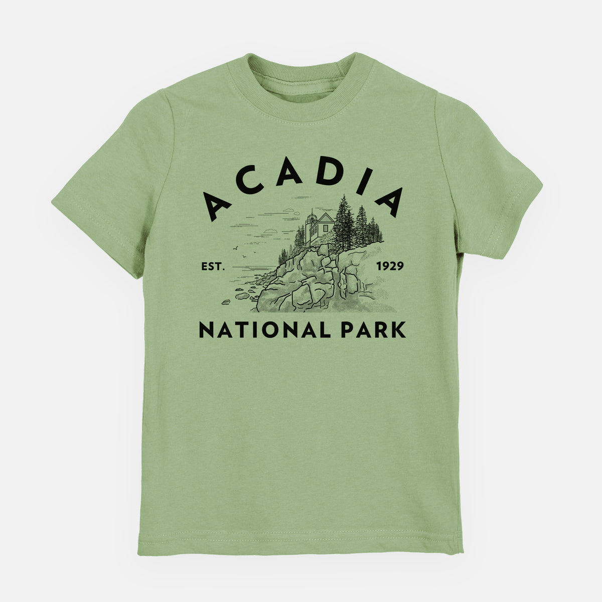 Sage green youth t-shirt laid flat, printed with a round badge of a rocky coastline and pine trees, with the words Acadia National Park, Est. 1929.