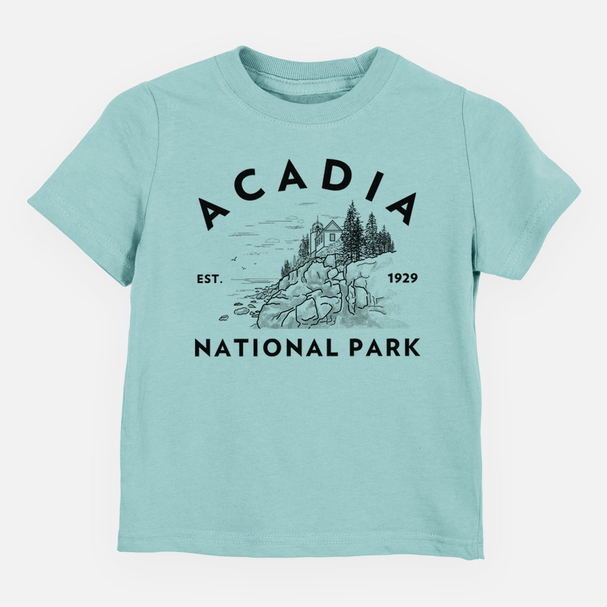 Saltwater toddler t-shirt laid flat, printed with a round badge of a rocky coastline and pine trees, with the words Acadia National Park, Est. 1929.