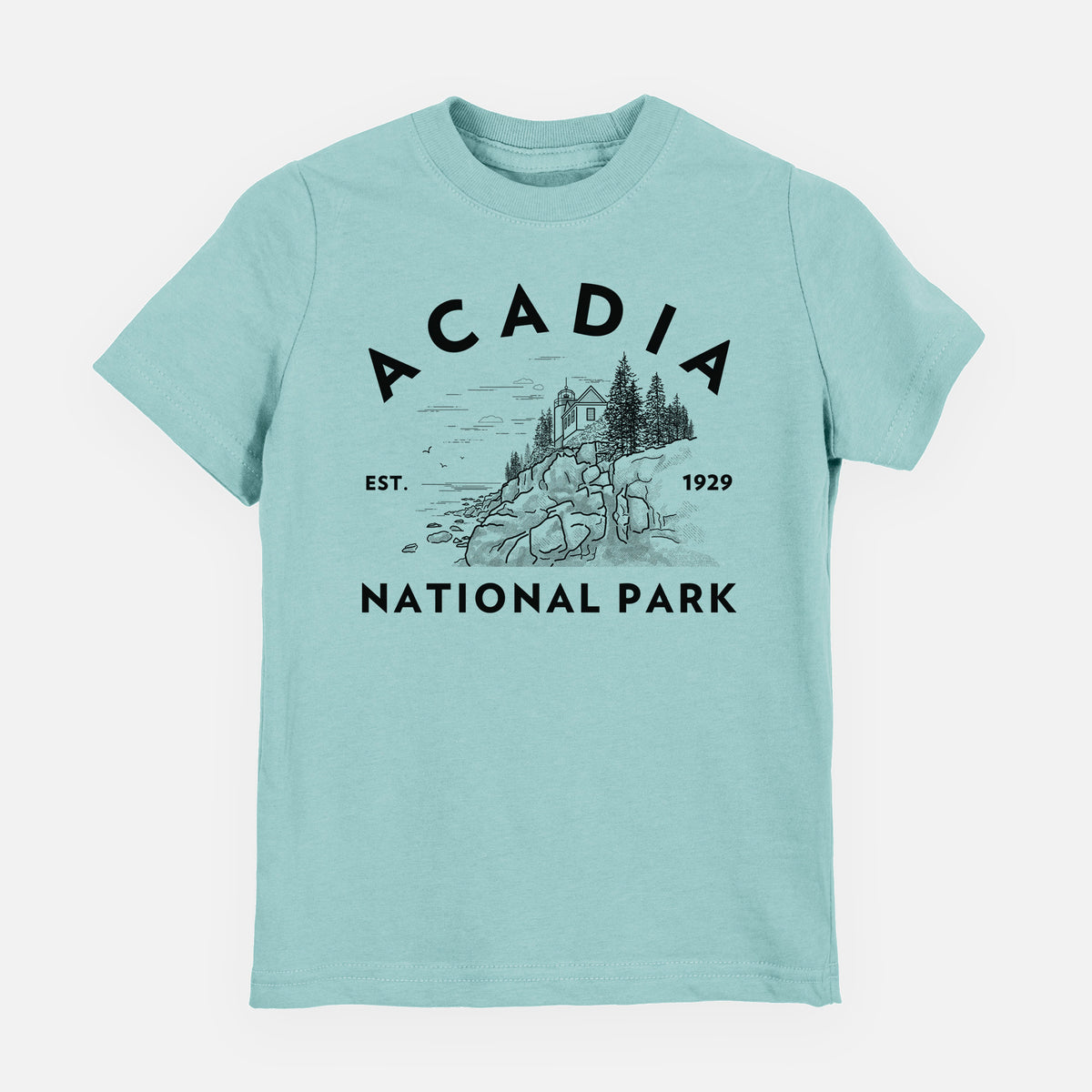 Saltwater youth t-shirt laid flat, printed with a round badge of a rocky coastline and pine trees, with the words Acadia National Park, Est. 1929.