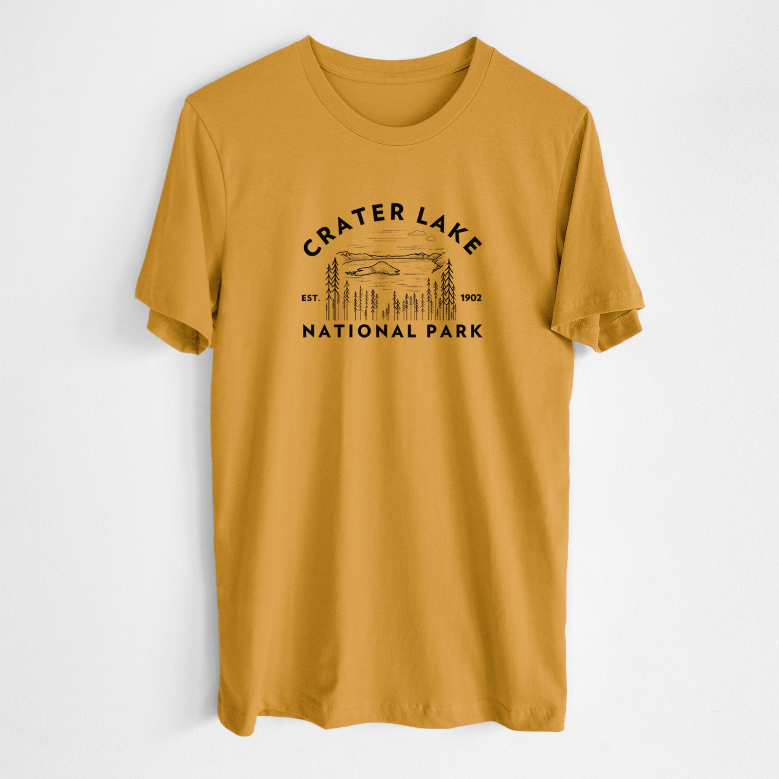 Honeycomb yellow lightweight cotton t-shirt laid flat, printed with a round badge of Crater Lake ringed by pine trees, with the words Crater Lake National Park, Est. 1902.