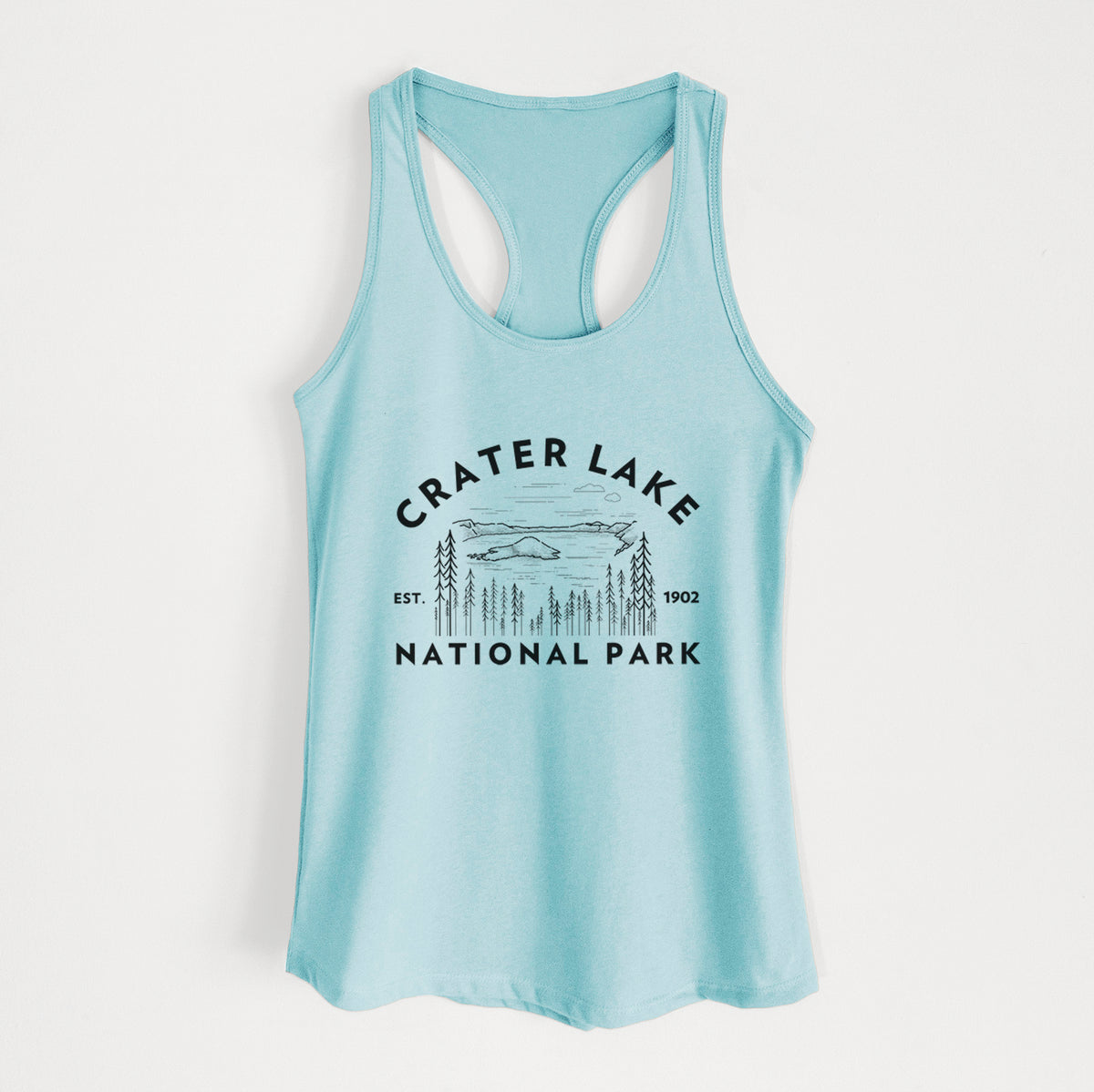 Cancun blue women's racerback tank top laid flat, printed with a round badge of Crater Lake ringed by pine trees, with the words Crater Lake National Park, Est. 1902.