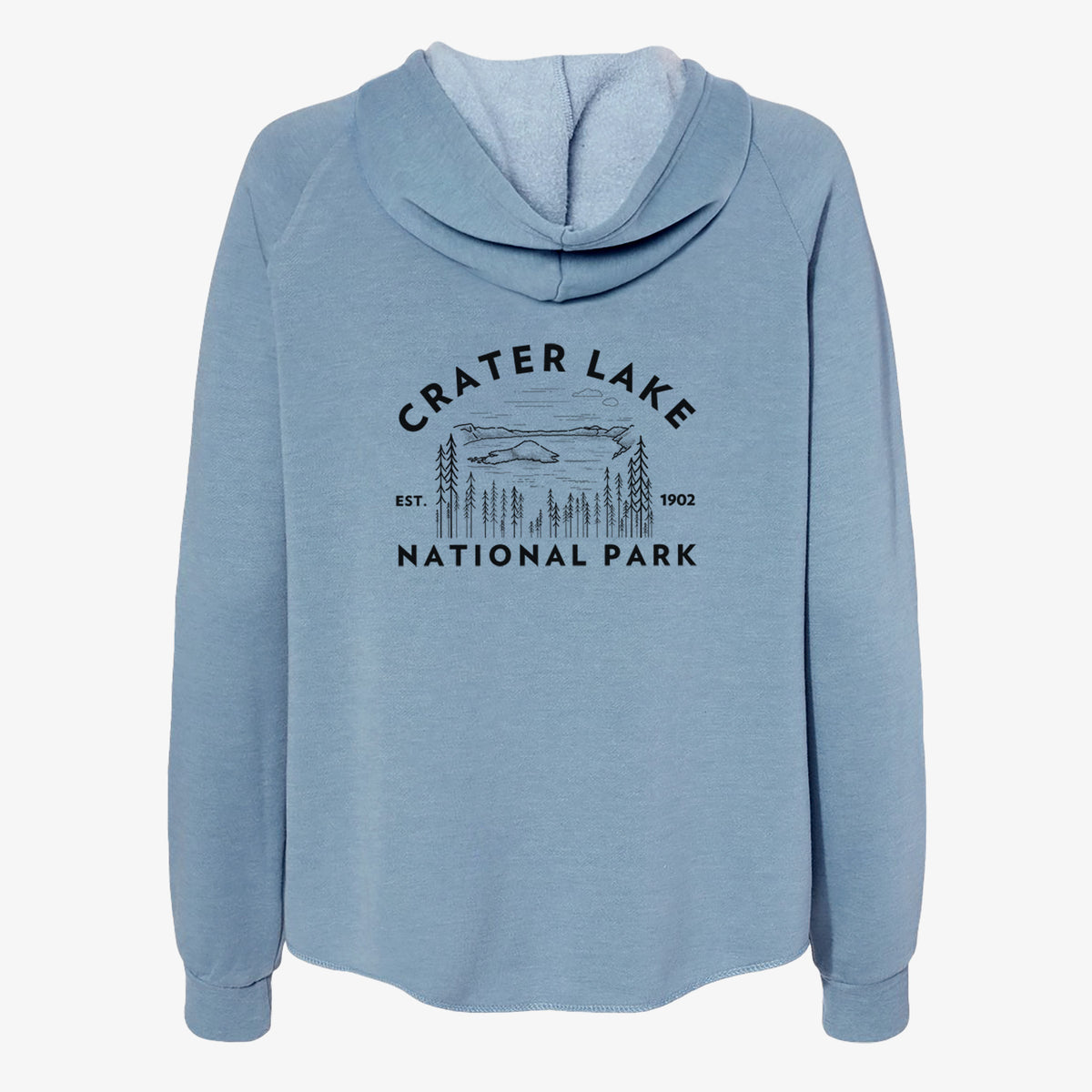 Misty blue women's Cali Wave zip-up sweatshirt laid flat, printed with a round badge of Crater Lake ringed by pine trees, with the words Crater Lake National Park, Est. 1902.