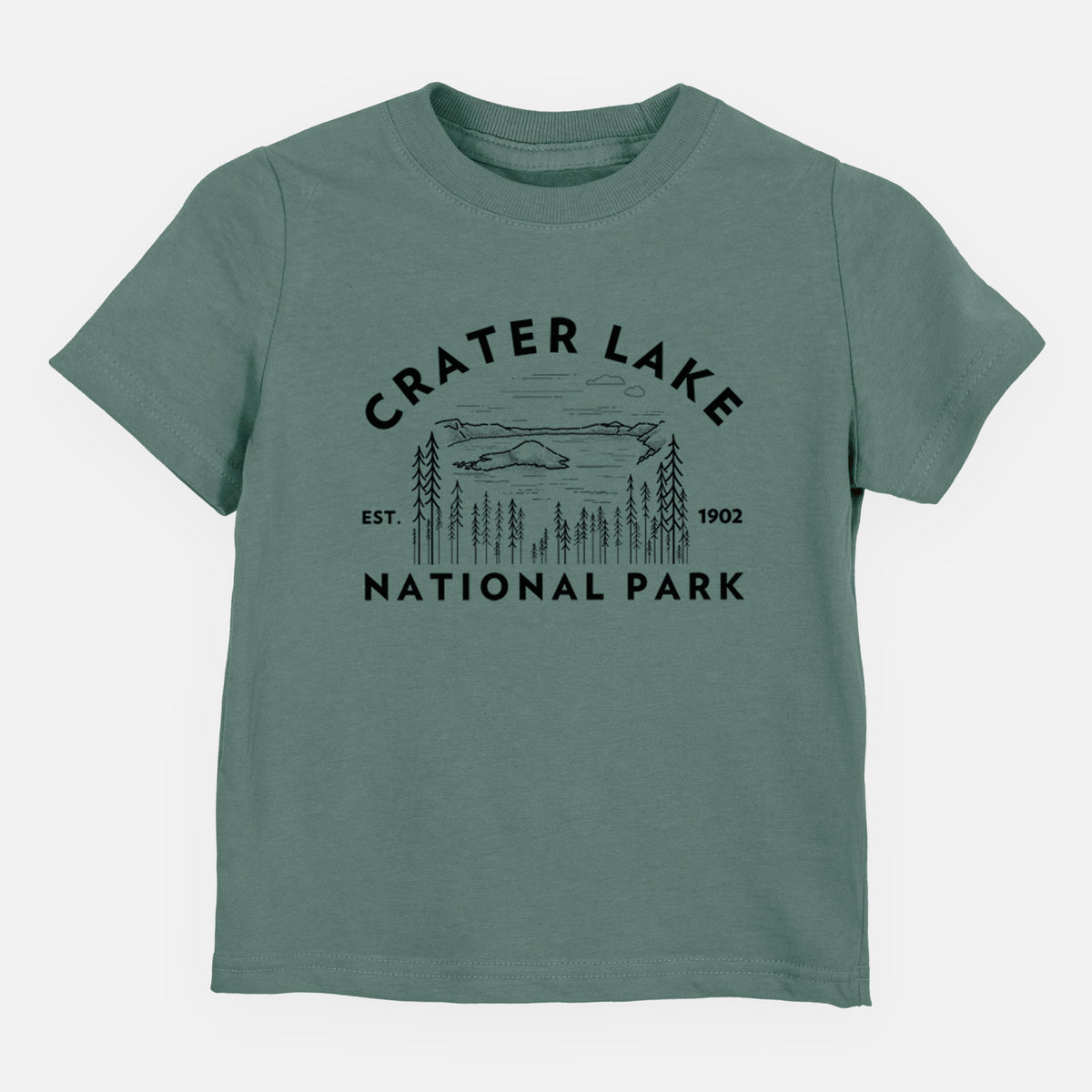 Basil green toddler t-shirt laid flat, printed with a round badge of Crater Lake ringed by pine trees, with the words Crater Lake National Park, Est. 1902.