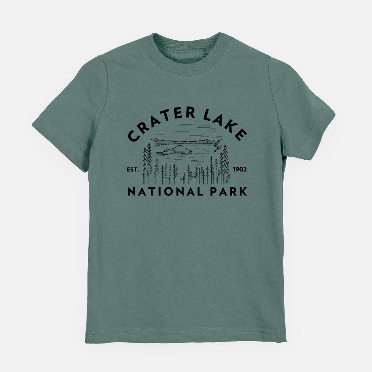 Basil green youth t-shirt laid flat, printed with a round badge of Crater Lake ringed by pine trees, with the words Crater Lake National Park, Est. 1902.