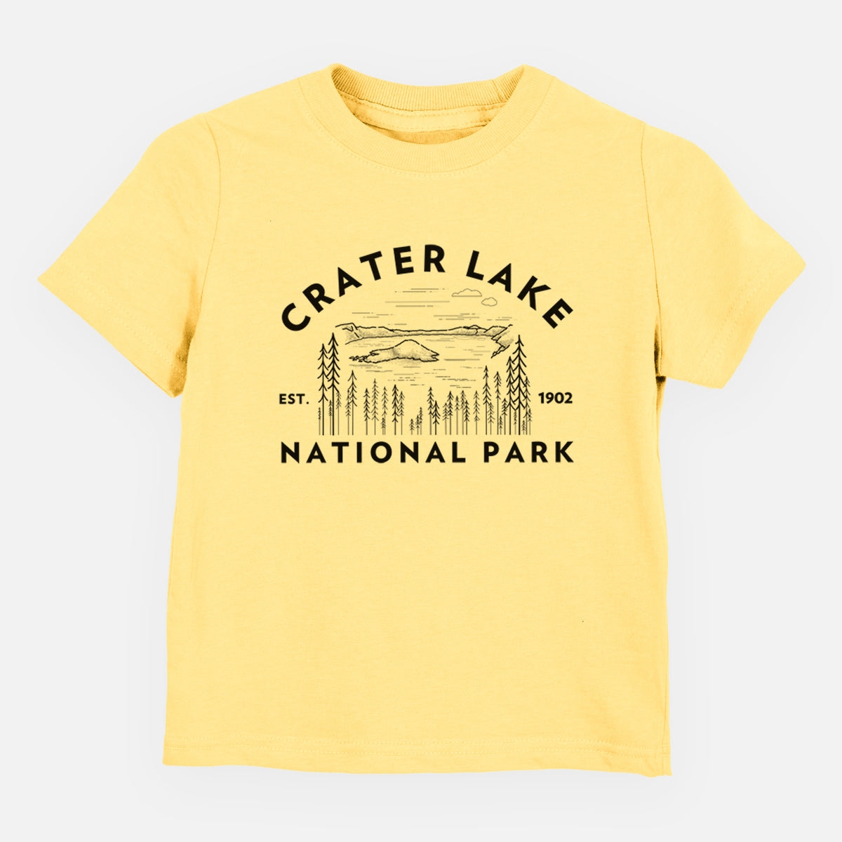 Butter yellow toddler t-shirt laid flat, printed with a round badge of Crater Lake ringed by pine trees, with the words Crater Lake National Park, Est. 1902.