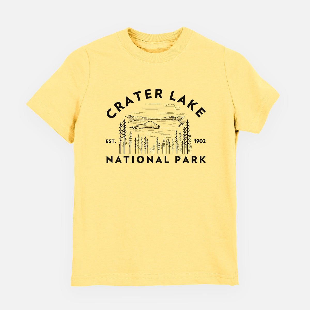 Butter yellow youth t-shirt laid flat, printed with a round badge of Crater Lake ringed by pine trees, with the words Crater Lake National Park, Est. 1902.