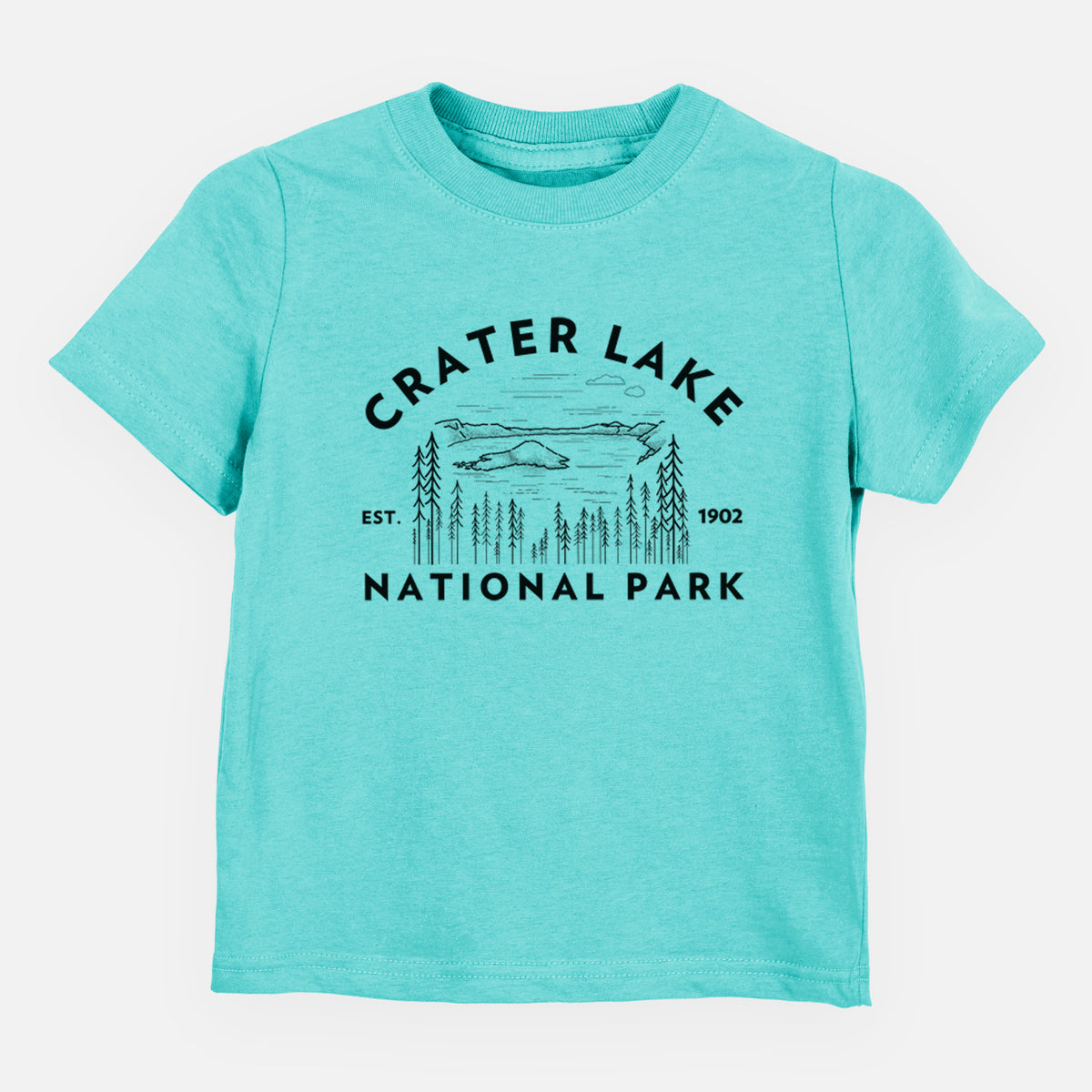 Caribbean blue toddler t-shirt laid flat, printed with a round badge of Crater Lake ringed by pine trees, with the words Crater Lake National Park, Est. 1902.