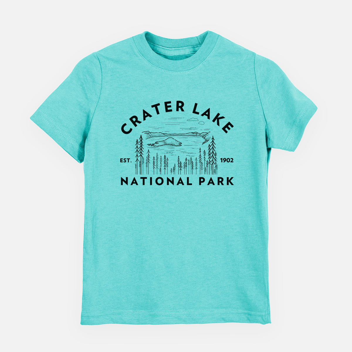 Caribbean blue youth t-shirt laid flat, printed with a round badge of Crater Lake ringed by pine trees, with the words Crater Lake National Park, Est. 1902.