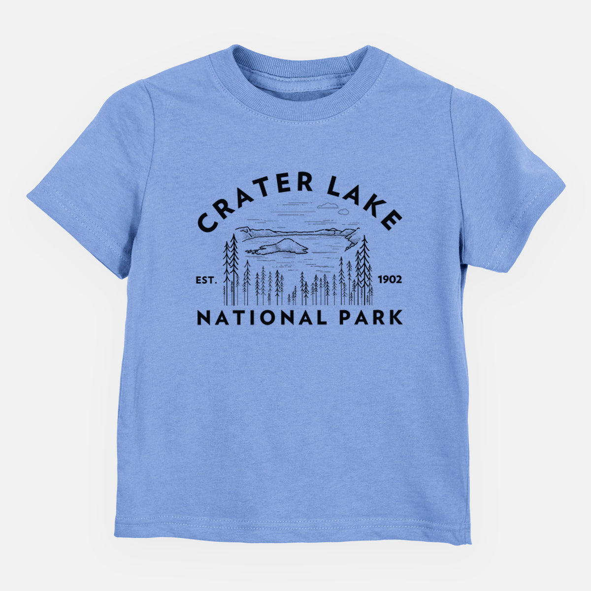 Carolina blue toddler t-shirt laid flat, printed with a round badge of Crater Lake ringed by pine trees, with the words Crater Lake National Park, Est. 1902.