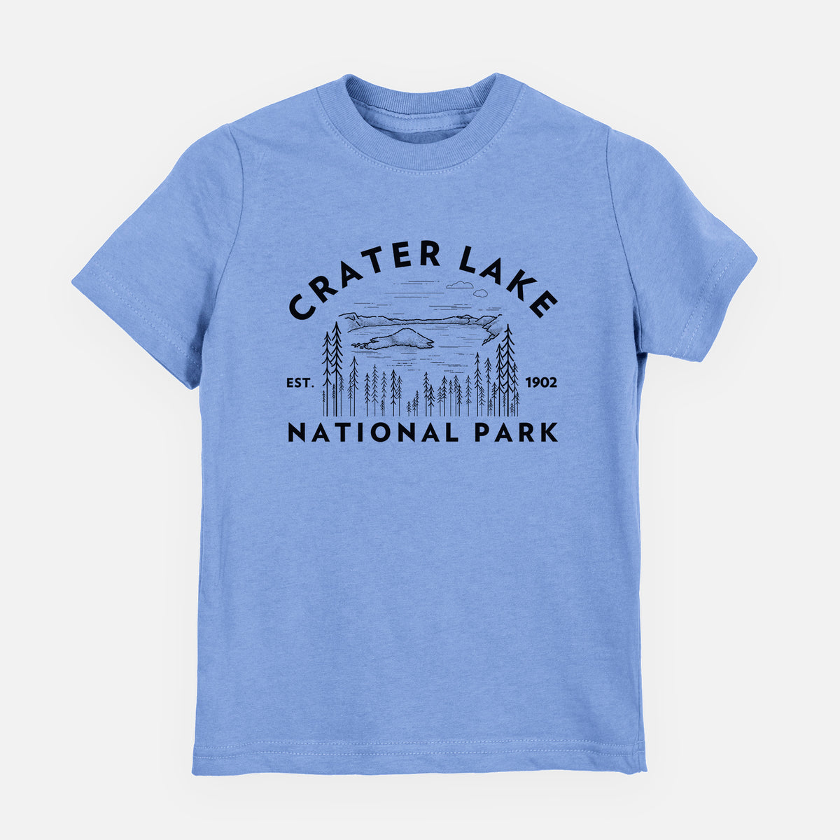 Carolina blue youth t-shirt laid flat, printed with a round badge of Crater Lake ringed by pine trees, with the words Crater Lake National Park, Est. 1902.