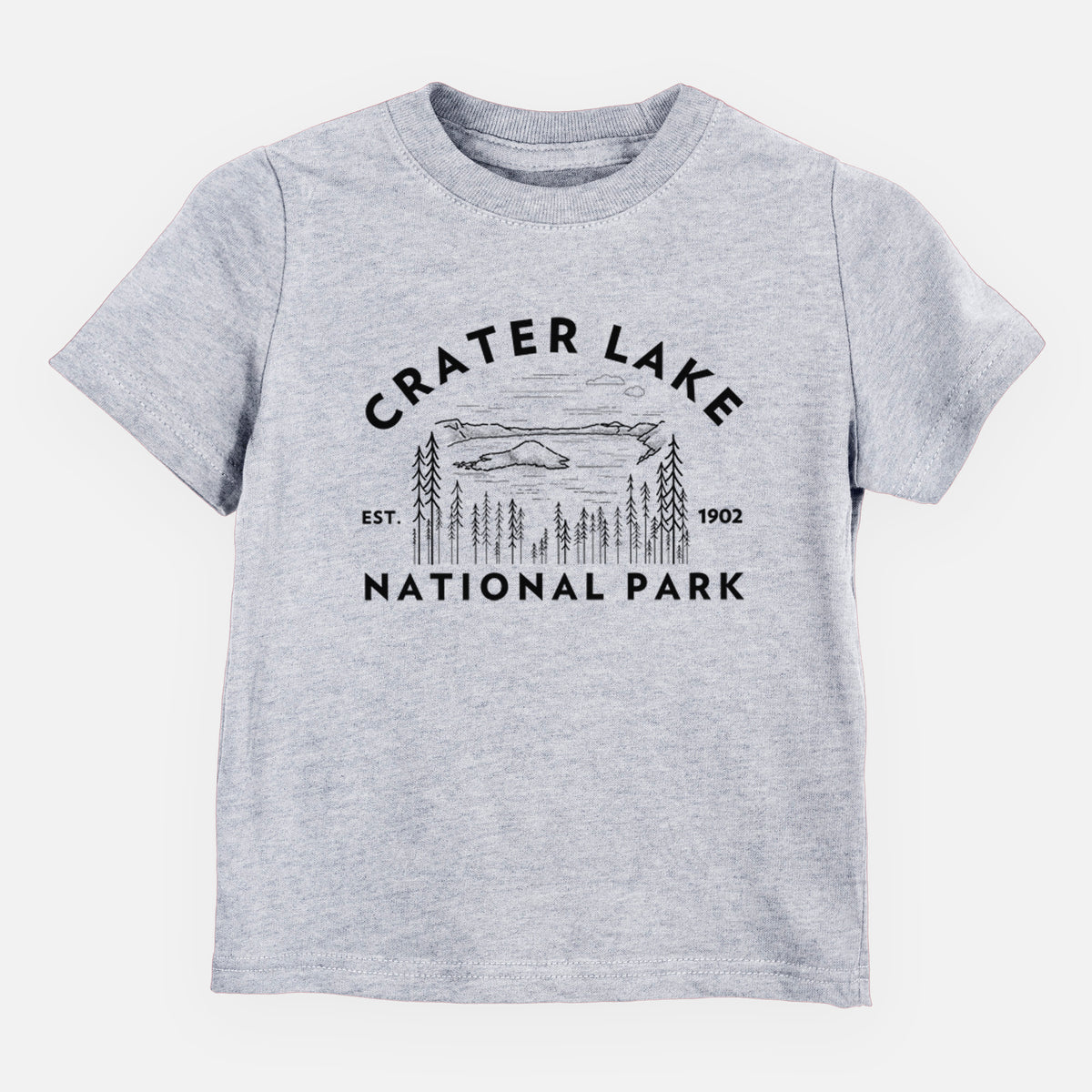 Heather grey toddler t-shirt laid flat, printed with a round badge of Crater Lake ringed by pine trees, with the words Crater Lake National Park, Est. 1902.
