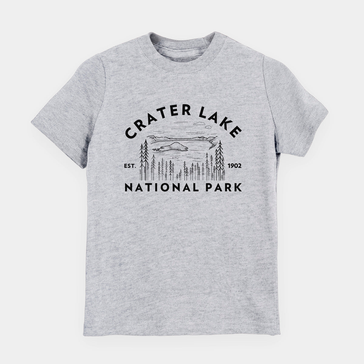 Heather grey youth t-shirt laid flat, printed with a round badge of Crater Lake ringed by pine trees, with the words Crater Lake National Park, Est. 1902.