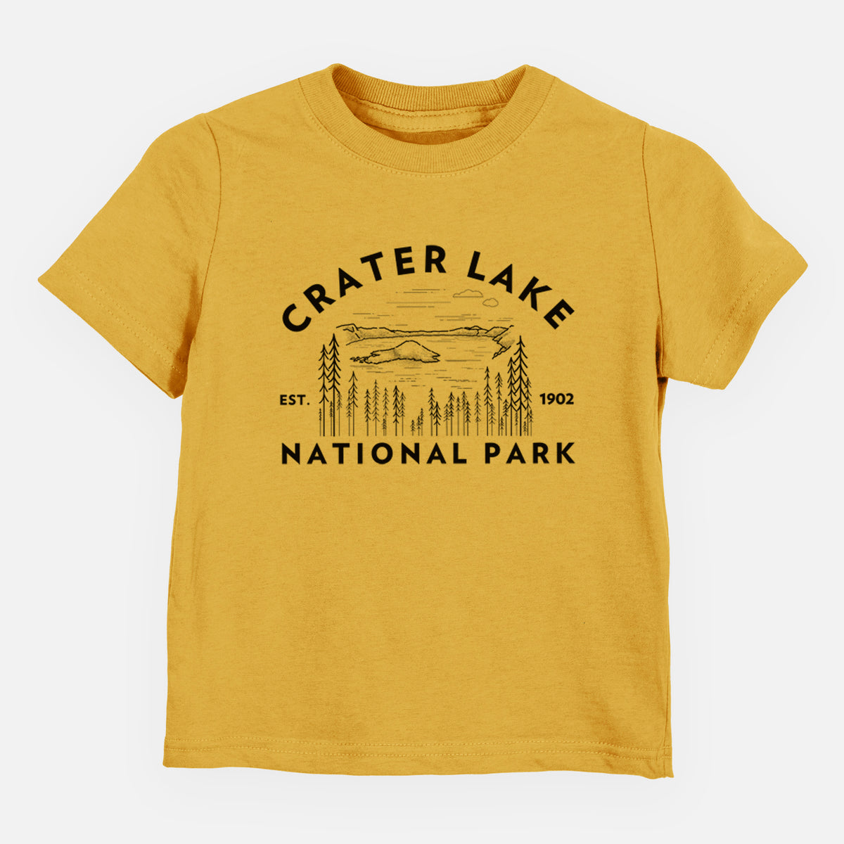 Honeycomb yellow toddler t-shirt laid flat, printed with a round badge of Crater Lake ringed by pine trees, with the words Crater Lake National Park, Est. 1902.