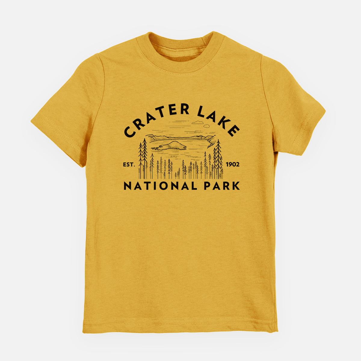 Honeycomb yellow youth t-shirt laid flat, printed with a round badge of Crater Lake ringed by pine trees, with the words Crater Lake National Park, Est. 1902.