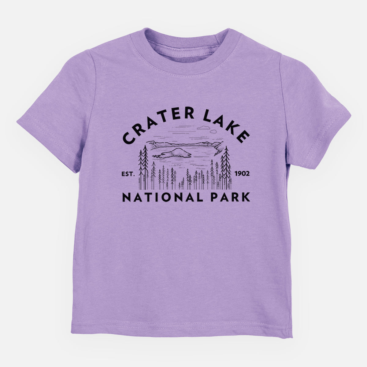 Lavender toddler t-shirt laid flat, printed with a round badge of Crater Lake ringed by pine trees, with the words Crater Lake National Park, Est. 1902.