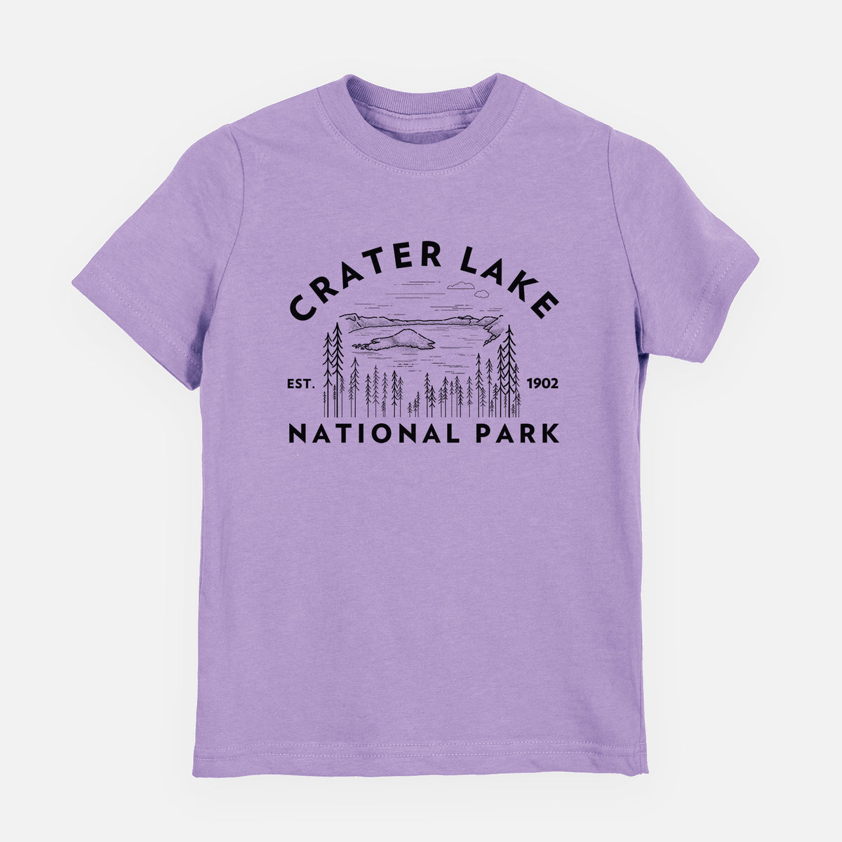 Lavender youth t-shirt laid flat, printed with a round badge of Crater Lake ringed by pine trees, with the words Crater Lake National Park, Est. 1902.