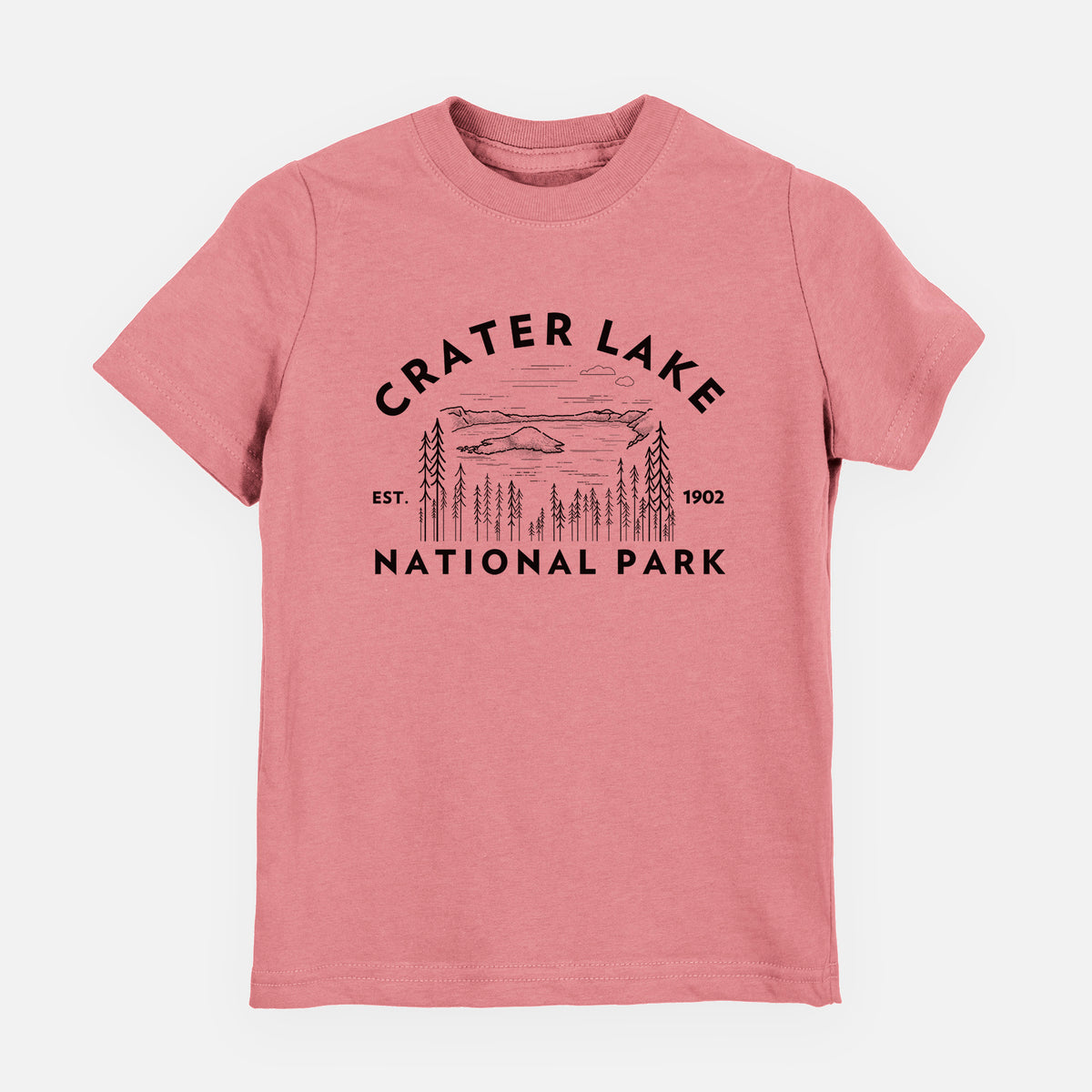 Mauve pink youth t-shirt laid flat, printed with a round badge of Crater Lake ringed by pine trees, with the words Crater Lake National Park, Est. 1902.