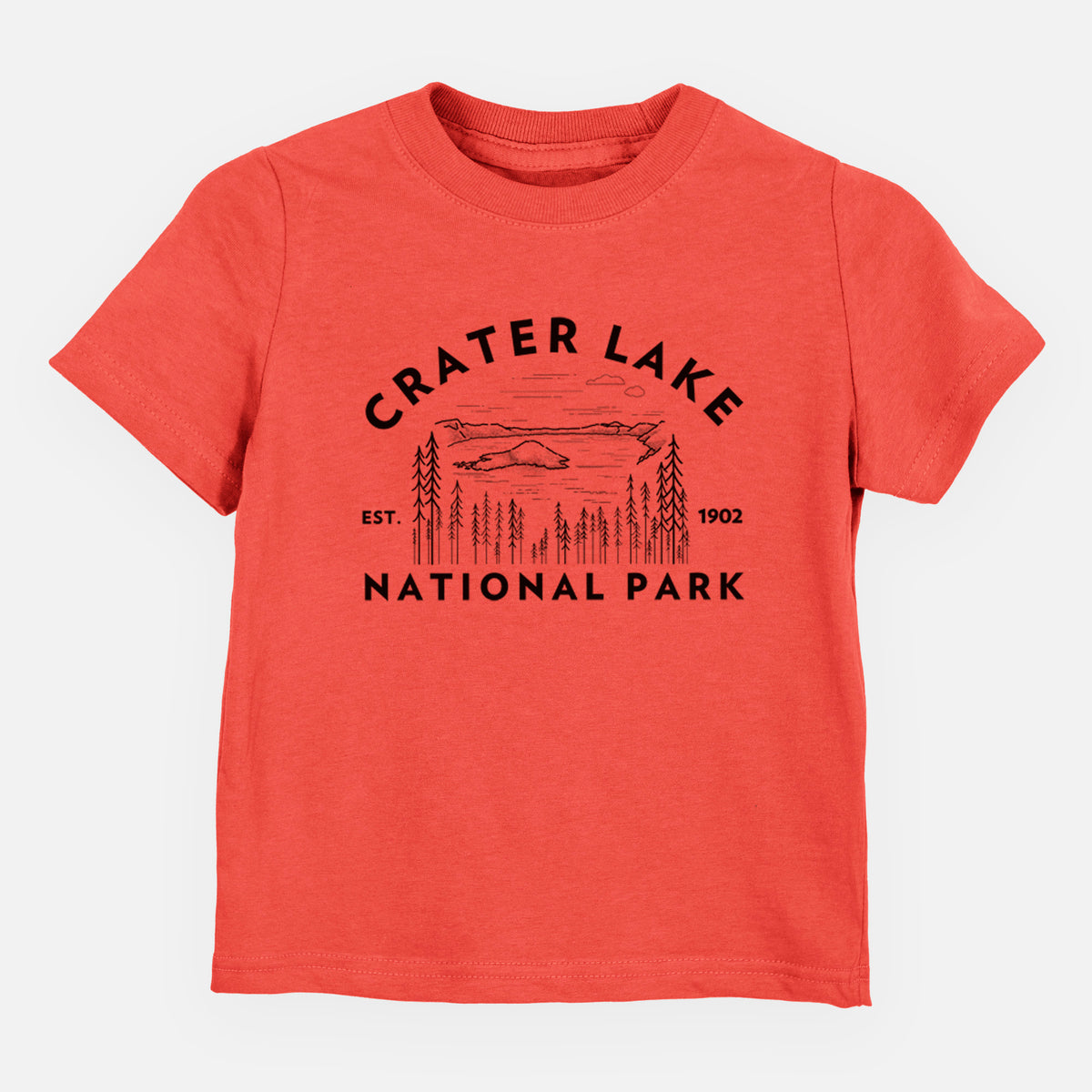 Passionfruit pink toddler t-shirt laid flat, printed with a round badge of Crater Lake ringed by pine trees, with the words Crater Lake National Park, Est. 1902.