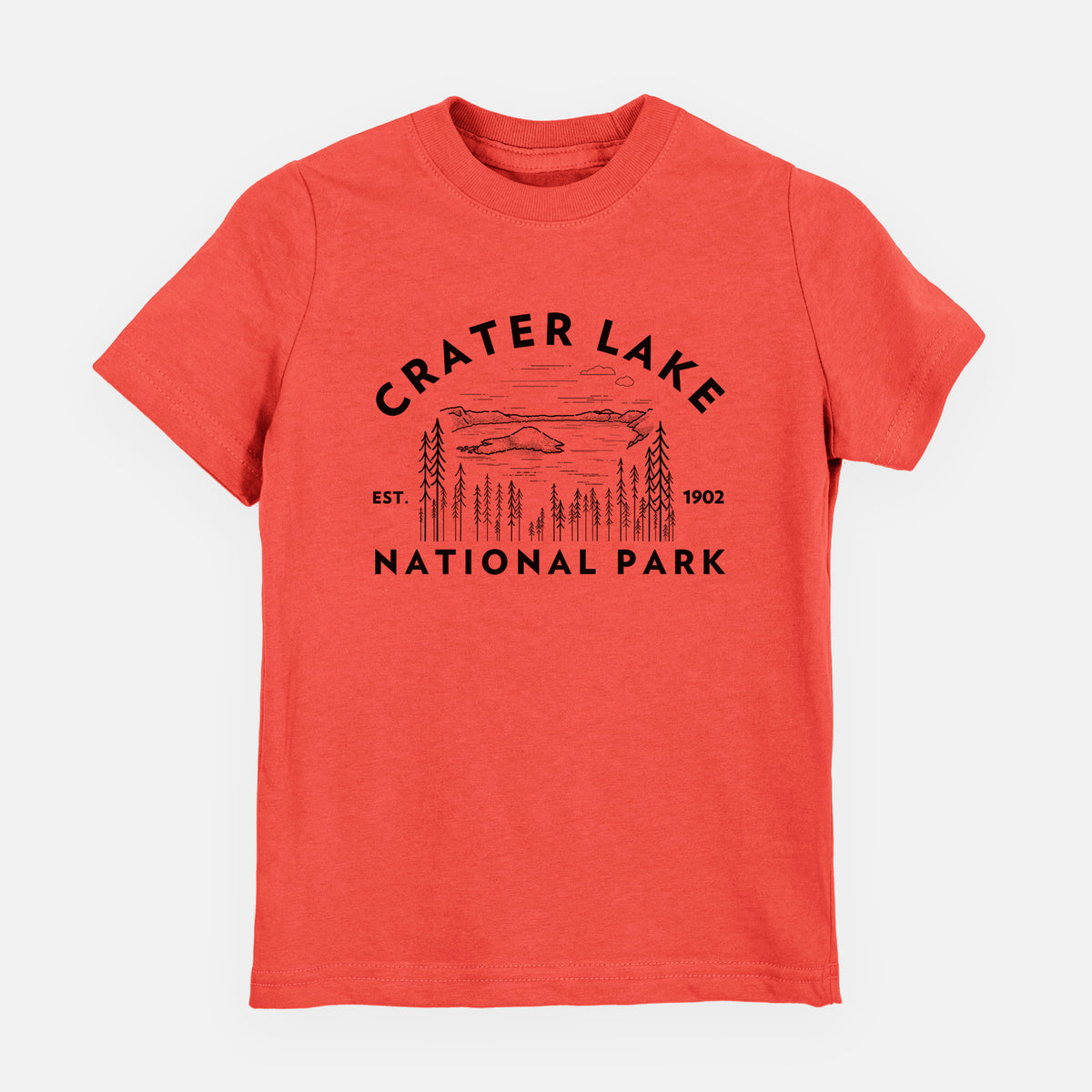 Passionfruit pink youth t-shirt laid flat, printed with a round badge of Crater Lake ringed by pine trees, with the words Crater Lake National Park, Est. 1902.