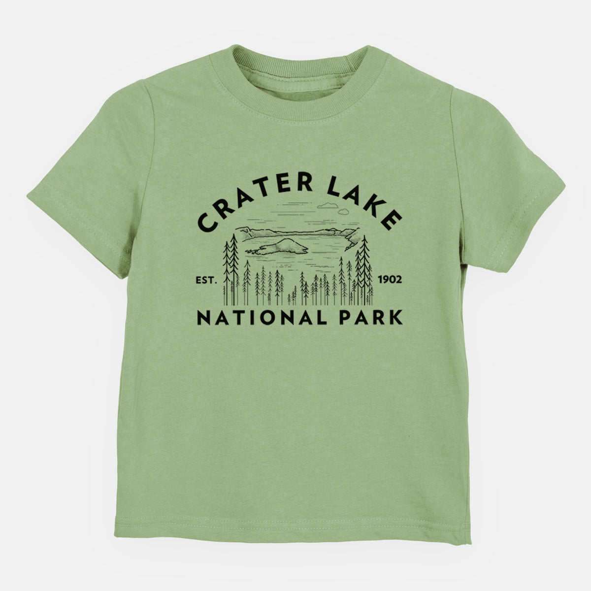 Sage green toddler t-shirt laid flat, printed with a round badge of Crater Lake ringed by pine trees, with the words Crater Lake National Park, Est. 1902.