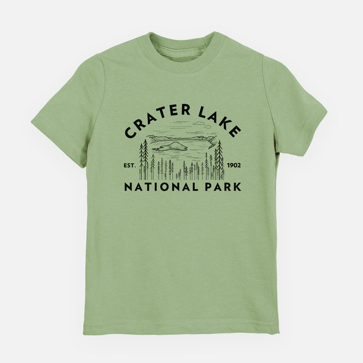 Sage green youth t-shirt laid flat, printed with a round badge of Crater Lake ringed by pine trees, with the words Crater Lake National Park, Est. 1902.