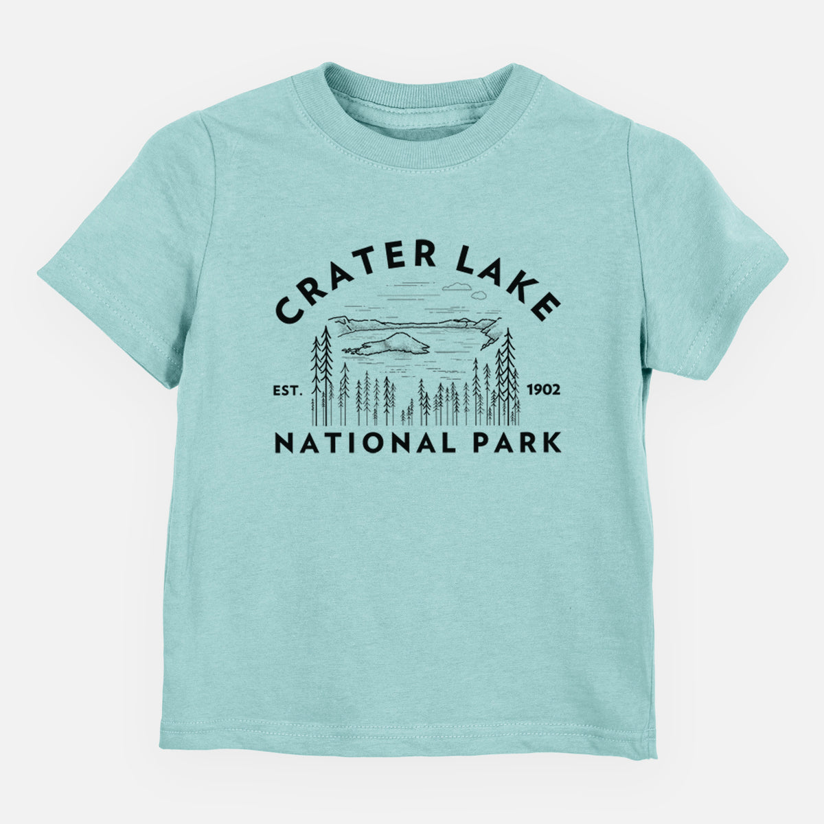 Saltwater toddler t-shirt laid flat, printed with a round badge of Crater Lake ringed by pine trees, with the words Crater Lake National Park, Est. 1902.
