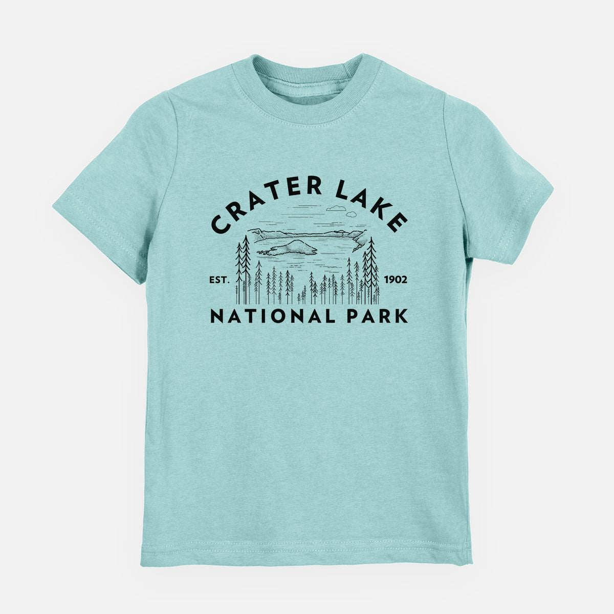 Saltwater youth t-shirt laid flat, printed with a round badge of Crater Lake ringed by pine trees, with the words Crater Lake National Park, Est. 1902.