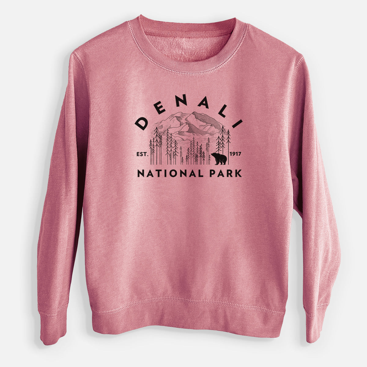 Mauve pink youth crewneck sweatshirt laid flat, printed with a round badge of mountains, pine trees and a bear, with the words Denali National Park, Est. 1917.