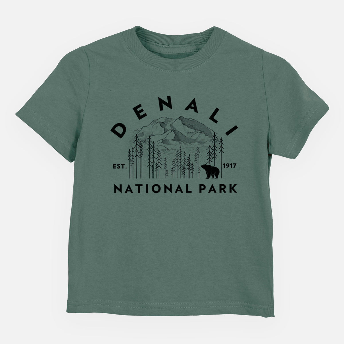 Basil green toddler t-shirt laid flat, printed with a round badge of mountains, pine trees and a bear, with the words Denali National Park, Est. 1917.