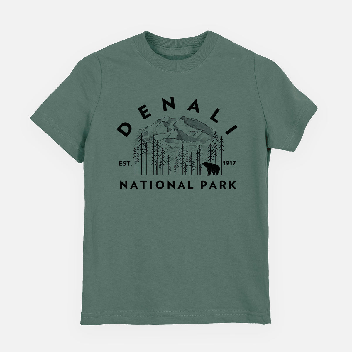 Basil green youth t-shirt laid flat, printed with a round badge of mountains, pine trees and a bear, with the words Denali National Park, Est. 1917.