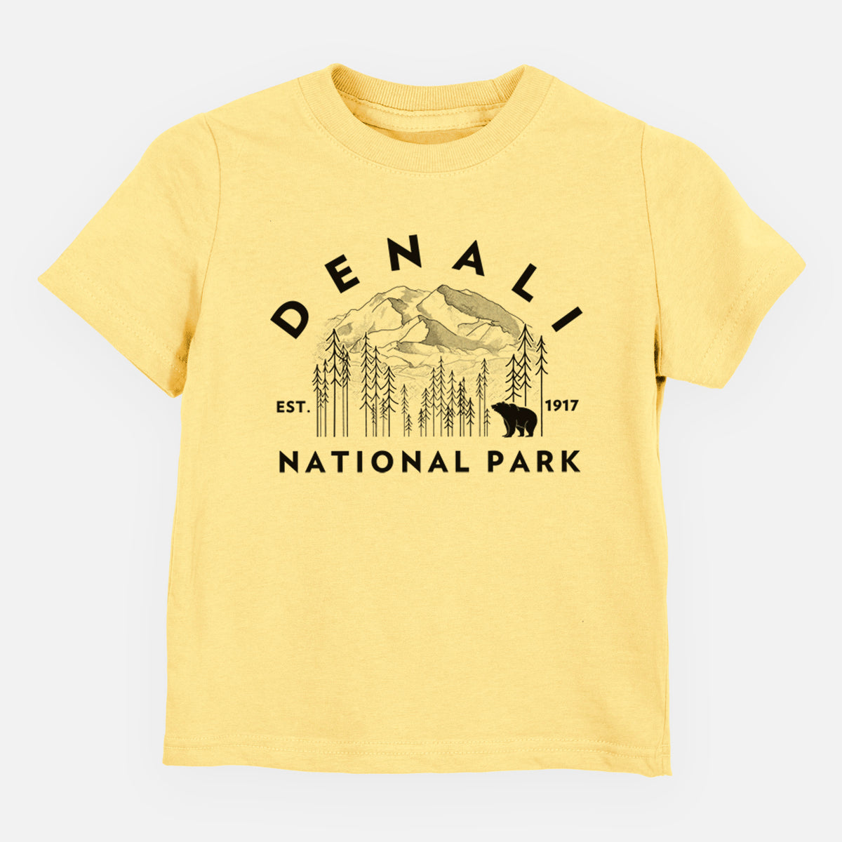 Butter yellow toddler t-shirt laid flat, printed with a round badge of mountains, pine trees and a bear, with the words Denali National Park, Est. 1917.