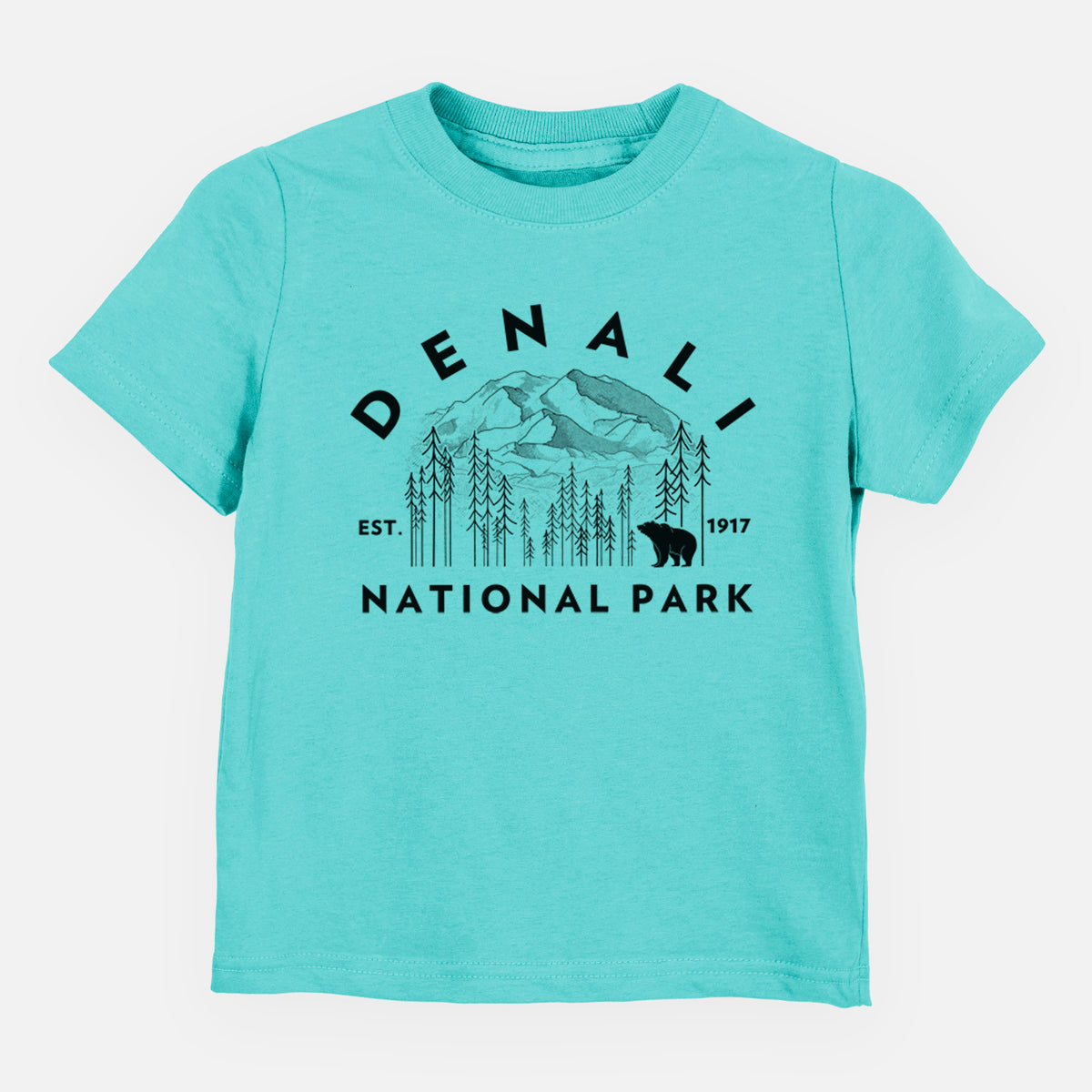 Caribbean blue toddler t-shirt laid flat, printed with a round badge of mountains, pine trees and a bear, with the words Denali National Park, Est. 1917.