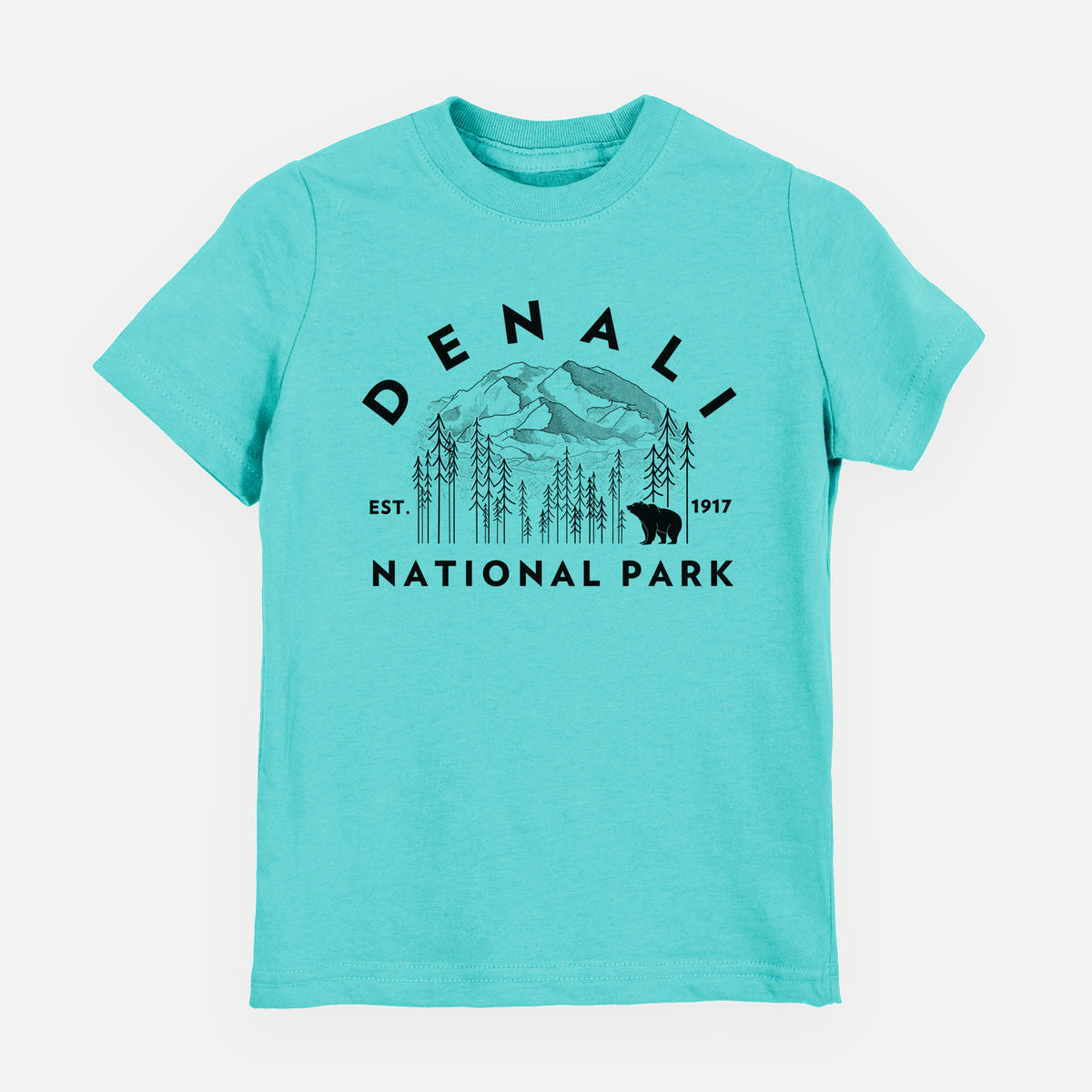 Caribbean blue youth t-shirt laid flat, printed with a round badge of mountains, pine trees and a bear, with the words Denali National Park, Est. 1917.