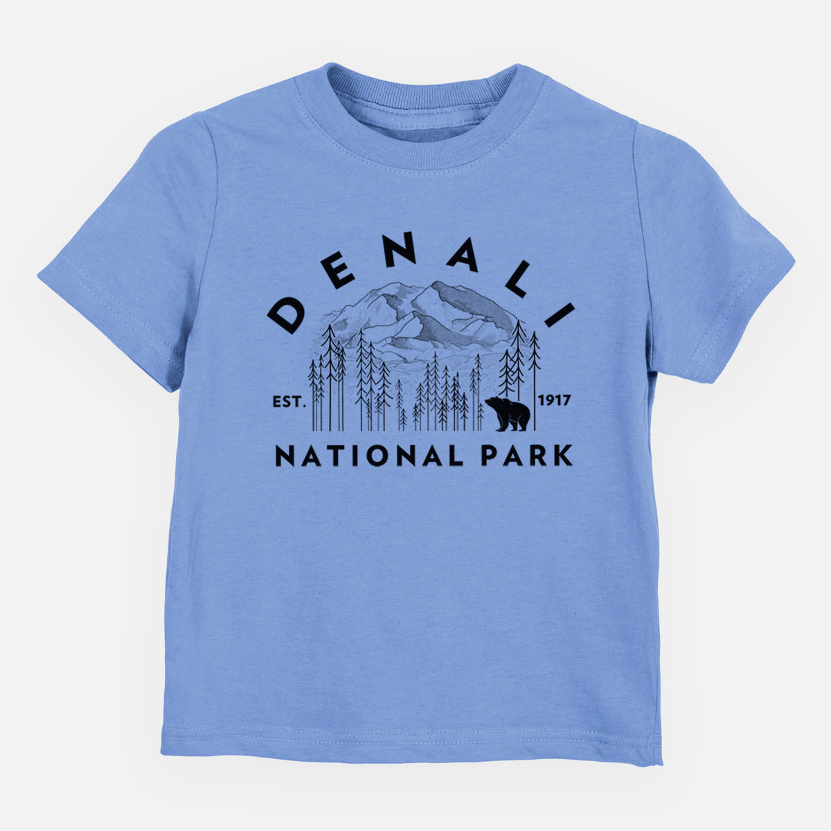 Carolina blue toddler t-shirt laid flat, printed with a round badge of mountains, pine trees and a bear, with the words Denali National Park, Est. 1917.