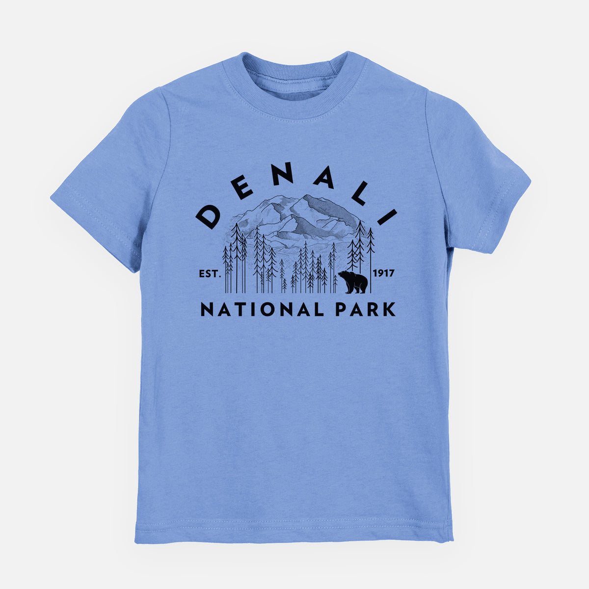 Carolina blue youth t-shirt laid flat, printed with a round badge of mountains, pine trees and a bear, with the words Denali National Park, Est. 1917.