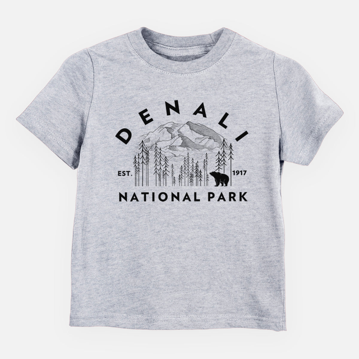 Heather grey toddler t-shirt laid flat, printed with a round badge of mountains, pine trees and a bear, with the words Denali National Park, Est. 1917.