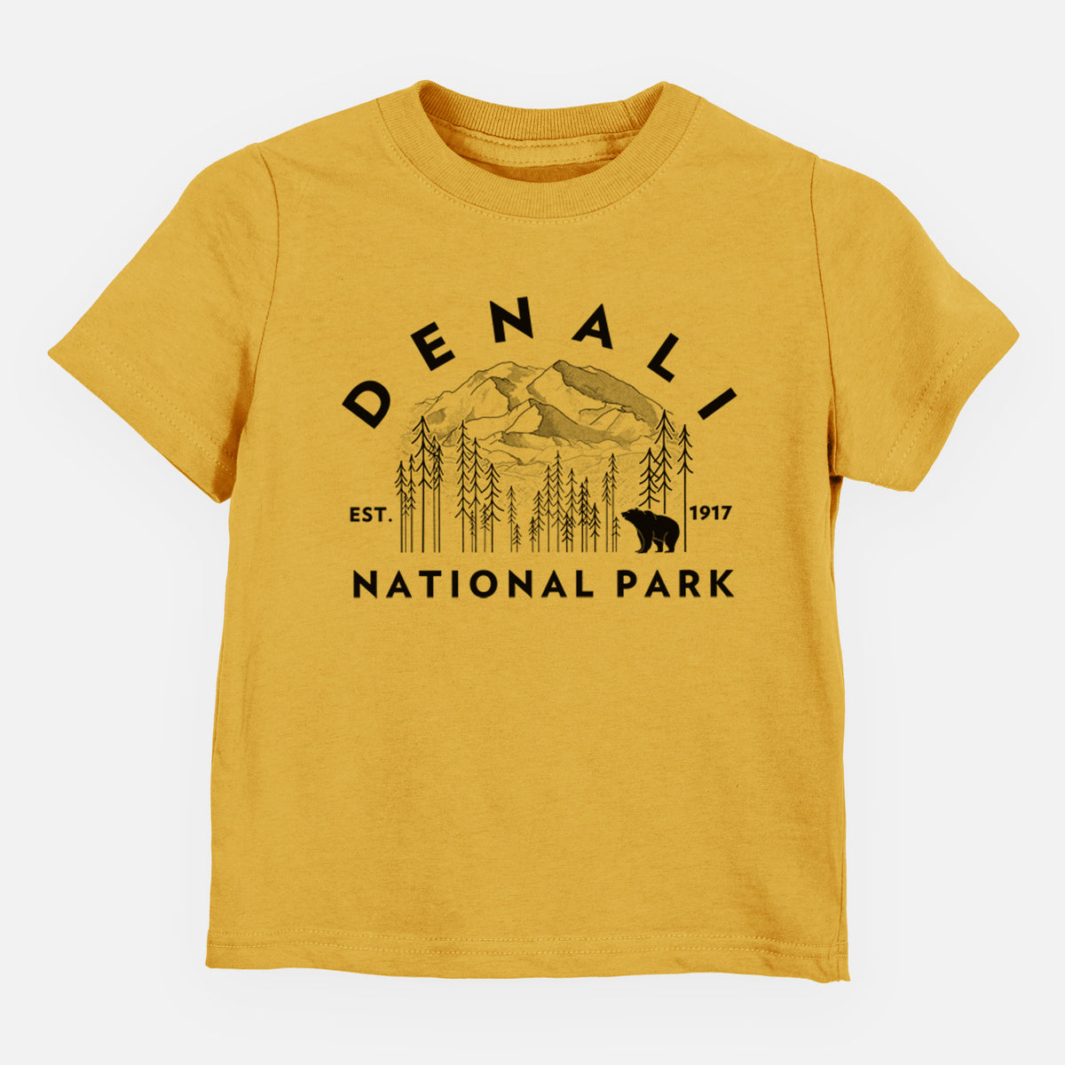 Honeycomb yellow toddler t-shirt laid flat, printed with a round badge of mountains, pine trees and a bear, with the words Denali National Park, Est. 1917.