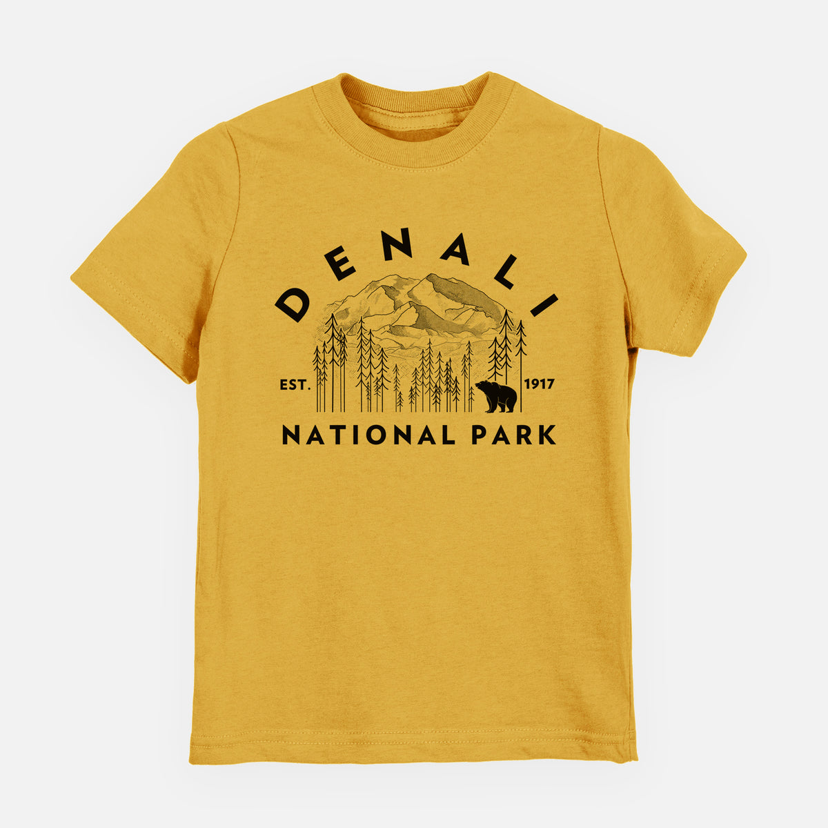 Honeycomb yellow youth t-shirt laid flat, printed with a round badge of mountains, pine trees and a bear, with the words Denali National Park, Est. 1917.
