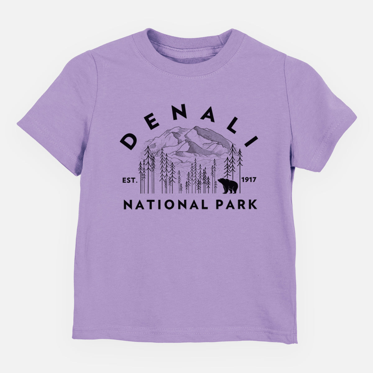 Lavender toddler t-shirt laid flat, printed with a round badge of mountains, pine trees and a bear, with the words Denali National Park, Est. 1917.
